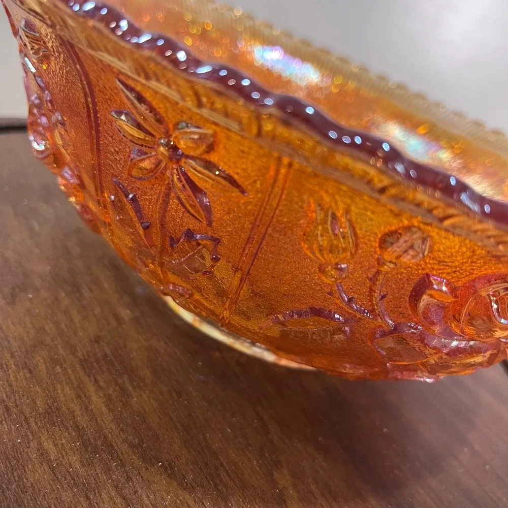 Vtg Imperial Glass Marigold Carnival Rose Floral Pattern Scalloped Edge 10